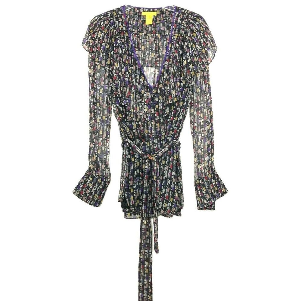Catherine Malandrino Ruffle Belted Silk Top Blouse